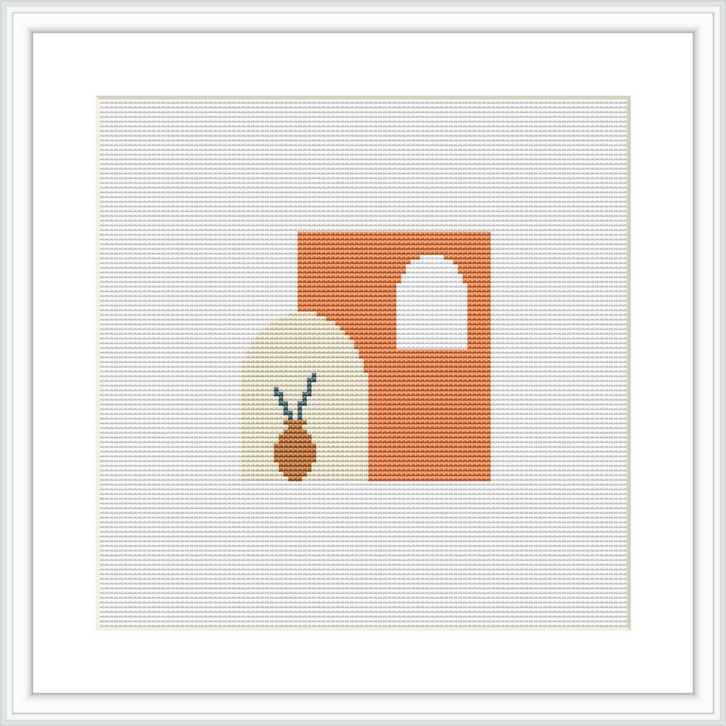 The design features a simplified representation of a vacation setting. It includes an abstract sun symbol over a stylized horizon, with a color-blocked representation of land or a beach hut. The pattern is enclosed within a square frame, all stitched onto a white canvas and presented in a white frame.