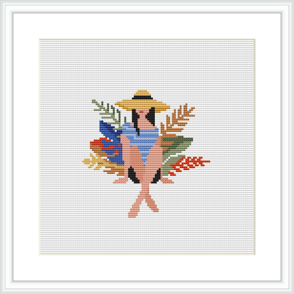 The image shows a cross stitch pattern framed in white. The pattern is a stylized floral bouquet with a hat at the top, situated against a plain white background.