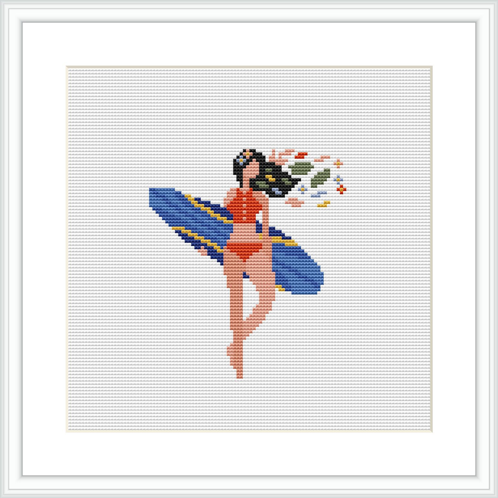 The image features a framed cross stitch pattern showcasing a fairy with blue wings, wearing a peach and coral outfit. She is holding a bouquet of flowers, and the background is plain white.