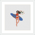 The image features a framed cross stitch pattern showcasing a fairy with blue wings, wearing a peach and coral outfit. She is holding a bouquet of flowers, and the background is plain white.