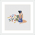 The cross stitch pattern displays a seated figure with bent knees in a blue outfit, turned away from viewer, against a white background, surrounded by colorful flowers and leaves scattered to the right.