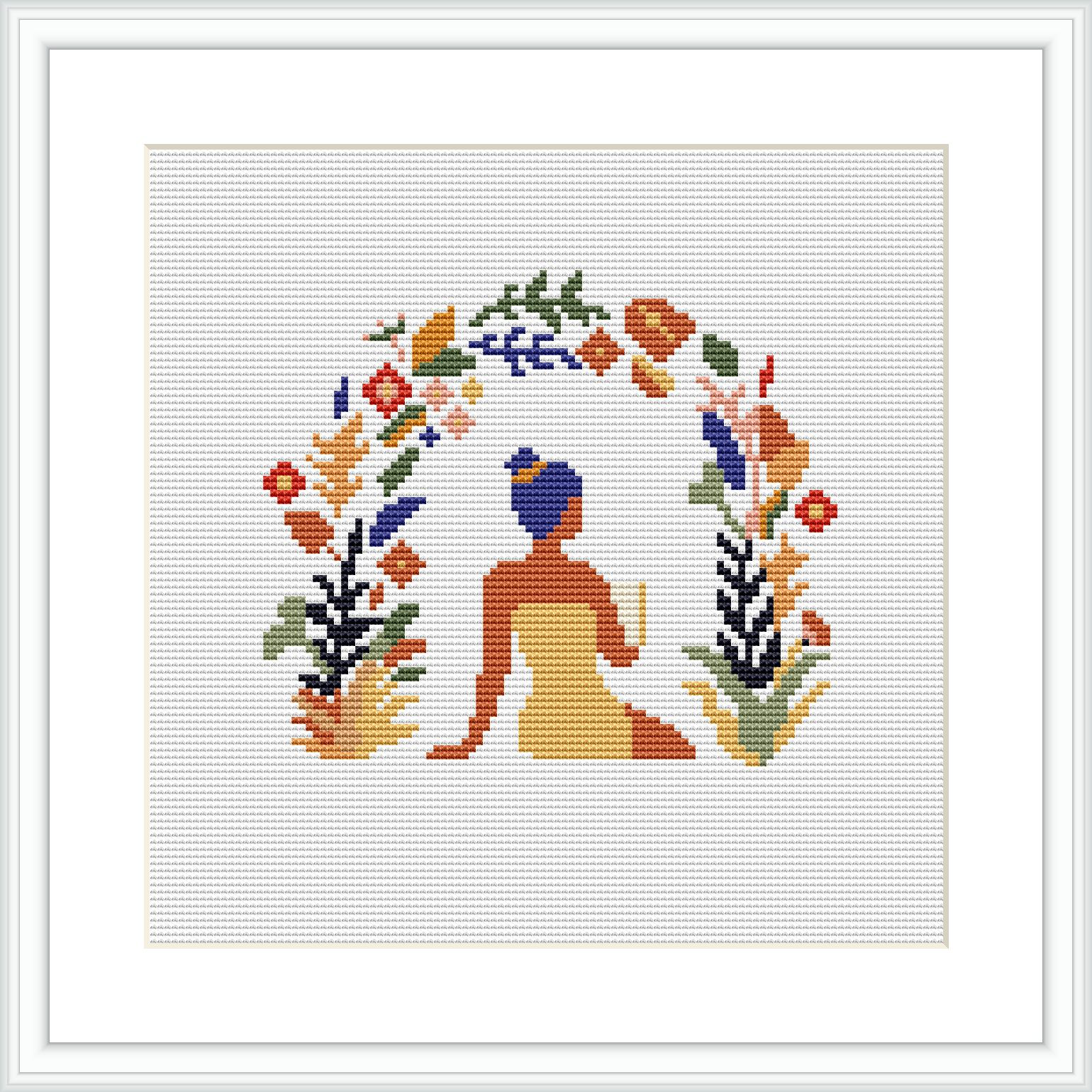 The image shows a cross stitch pattern of a seated woman with a blue headscarf, surrounded by a semi-circular arch of colorful flowers. The design is displayed in a white frame against a white background.
