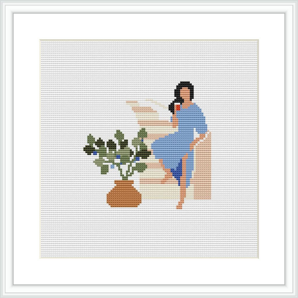 The image features a cross stitch pattern of a seated figure in a blue dress, resting their head on their hand. Beside the figure is a potted plant. The figure is seated on what appears to be a bench, with an abstract beige background.