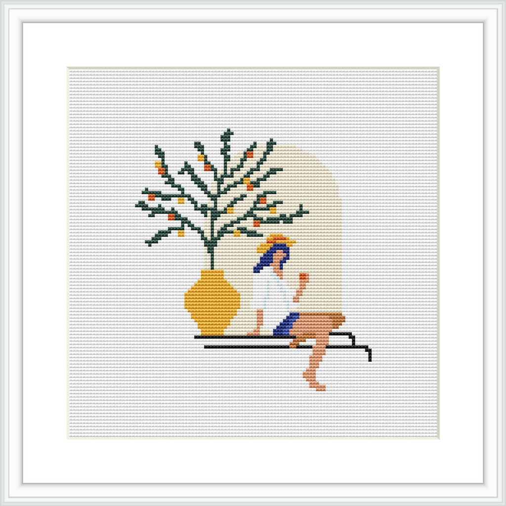 The image shows a cross stitch pattern framed within a faux white frame. It depicts an indoor scene with a person in a blue outfit and hat sitting on a bench, absorbed in reading a book. Next to the person is a large potted plant with green leaves.