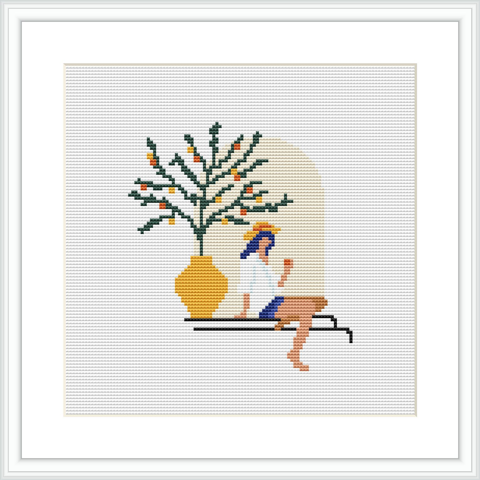 The image shows a cross stitch pattern framed within a faux white frame. It depicts an indoor scene with a person in a blue outfit and hat sitting on a bench, absorbed in reading a book. Next to the person is a large potted plant with green leaves.