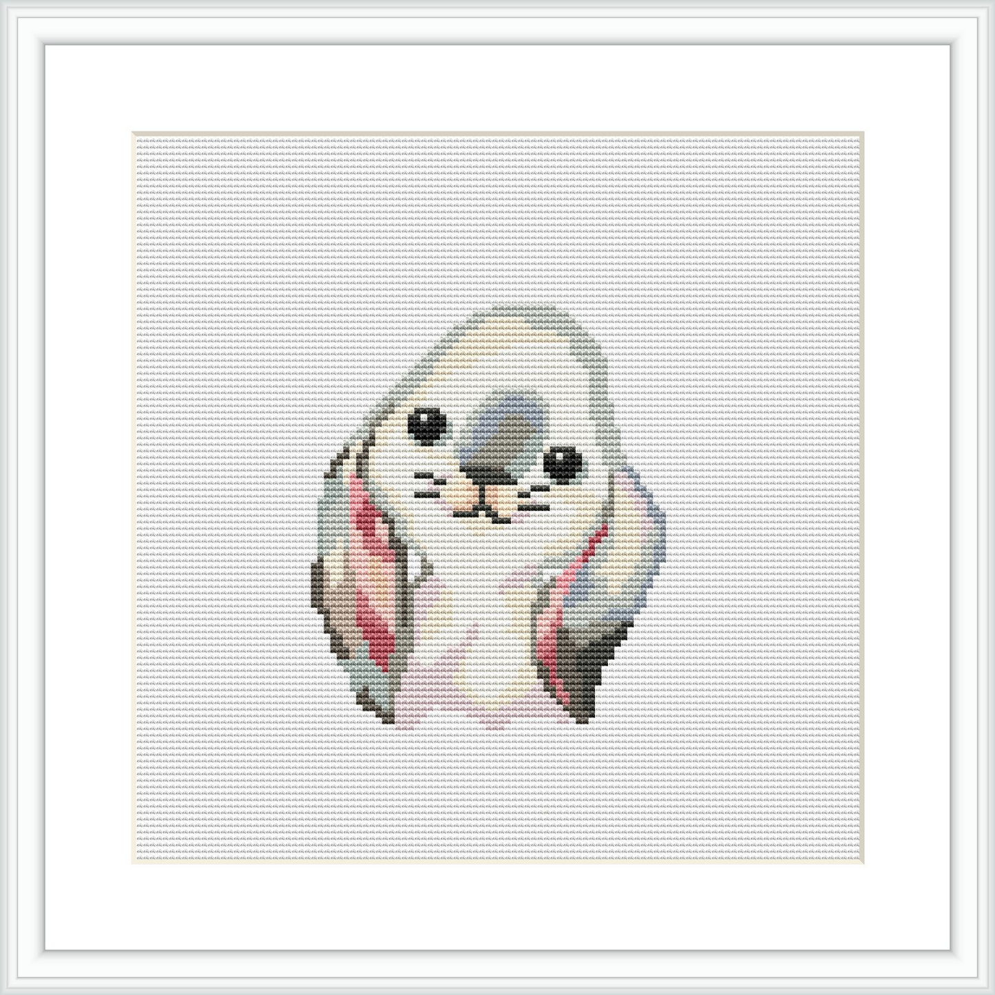 The image shows a framed cross stitch pattern of a bunny. The pattern is square-shaped, with the finished design showing the bunny's face and ears in portrait orientation against a white background. The bunny features are detailed and embellished with a blend of pastel shades.