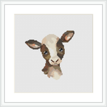 A cross stitch pattern of a calf's head and upper neck with a direct gaze, set against a plain background and displayed in a simple white frame.