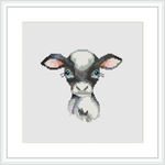 This image depicts a framed cross stitch pattern of a cow's head and neck on a white background. The cow has large, expressive eyes and is rendered in soft pastel colors.