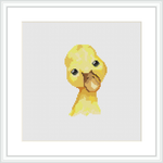 The image depicts a square-shaped cross-stitch pattern featuring a cute yellow duckling centered in the frame against a plain white grid background.