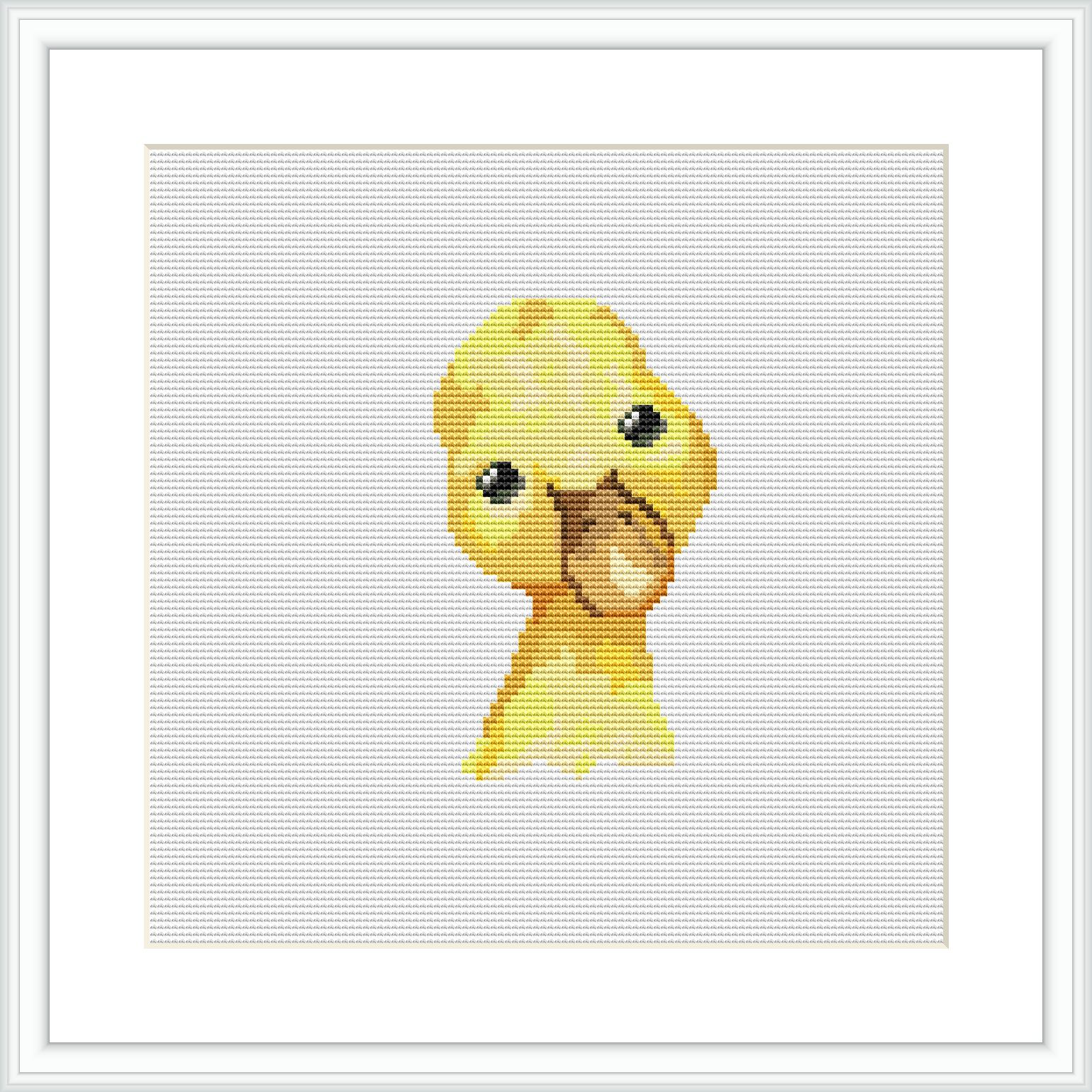 The image depicts a square-shaped cross-stitch pattern featuring a cute yellow duckling centered in the frame against a plain white grid background.