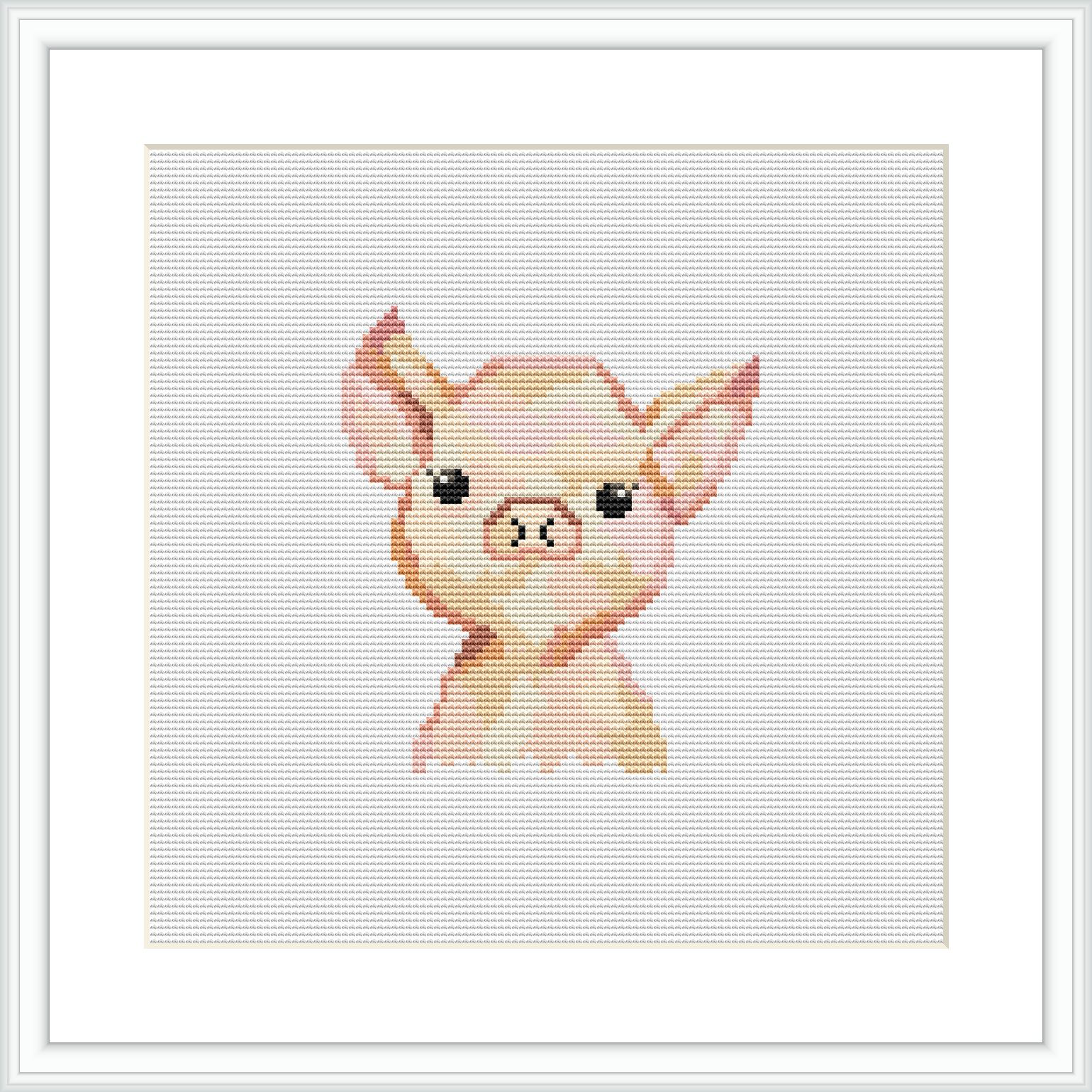 A framed cross stitch pattern of a cute piglet depicted in pastel colors on a white background.