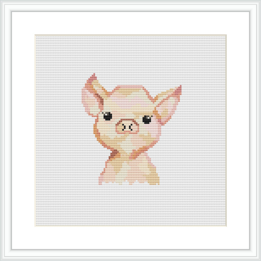 A framed cross stitch pattern of a cute piglet depicted in pastel colors on a white background.