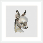 The image showcases a half body portrait of a donkey facing towards the viewer. The depiction is stylized in a pixelated manner consistent with a cross stitch pattern. The background is plain white, emphasizing the subject.