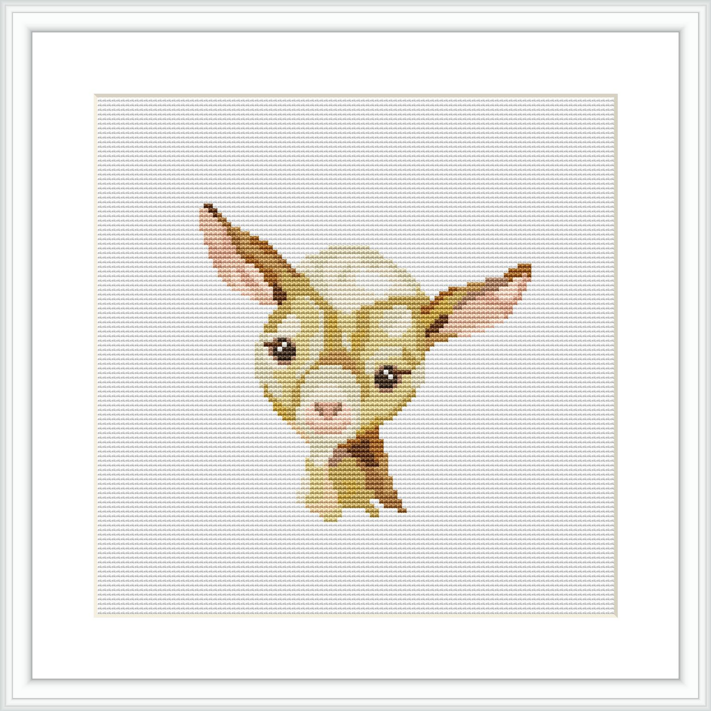 The image features a cross stitch pattern of a baby goat's head and upper shoulders. The goat has large, expressive eyes, and its head is slightly tilted. The background is plain, which highlights the subject matter.