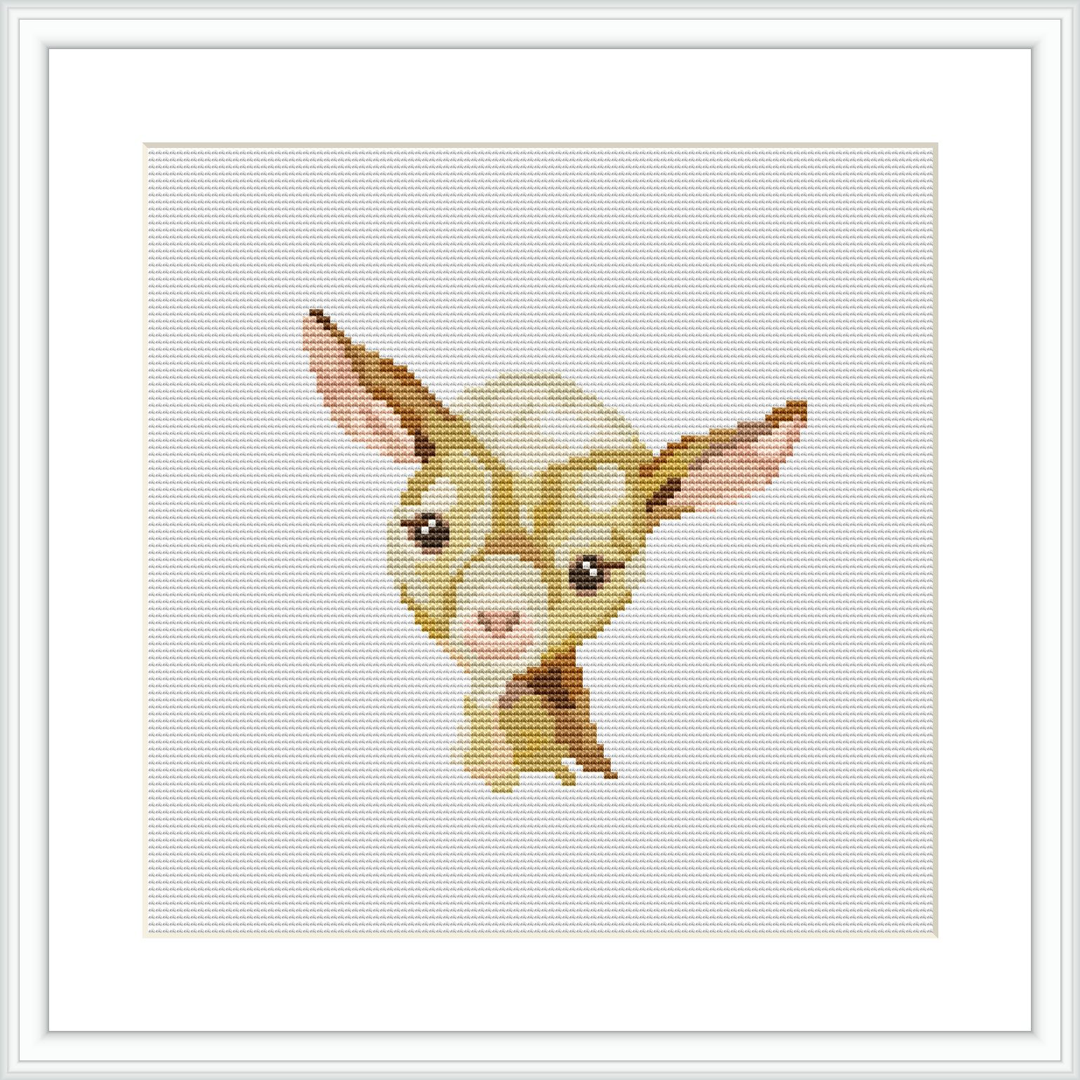 The image features a cross stitch pattern of a baby goat's head and upper shoulders. The goat has large, expressive eyes, and its head is slightly tilted. The background is plain, which highlights the subject matter.