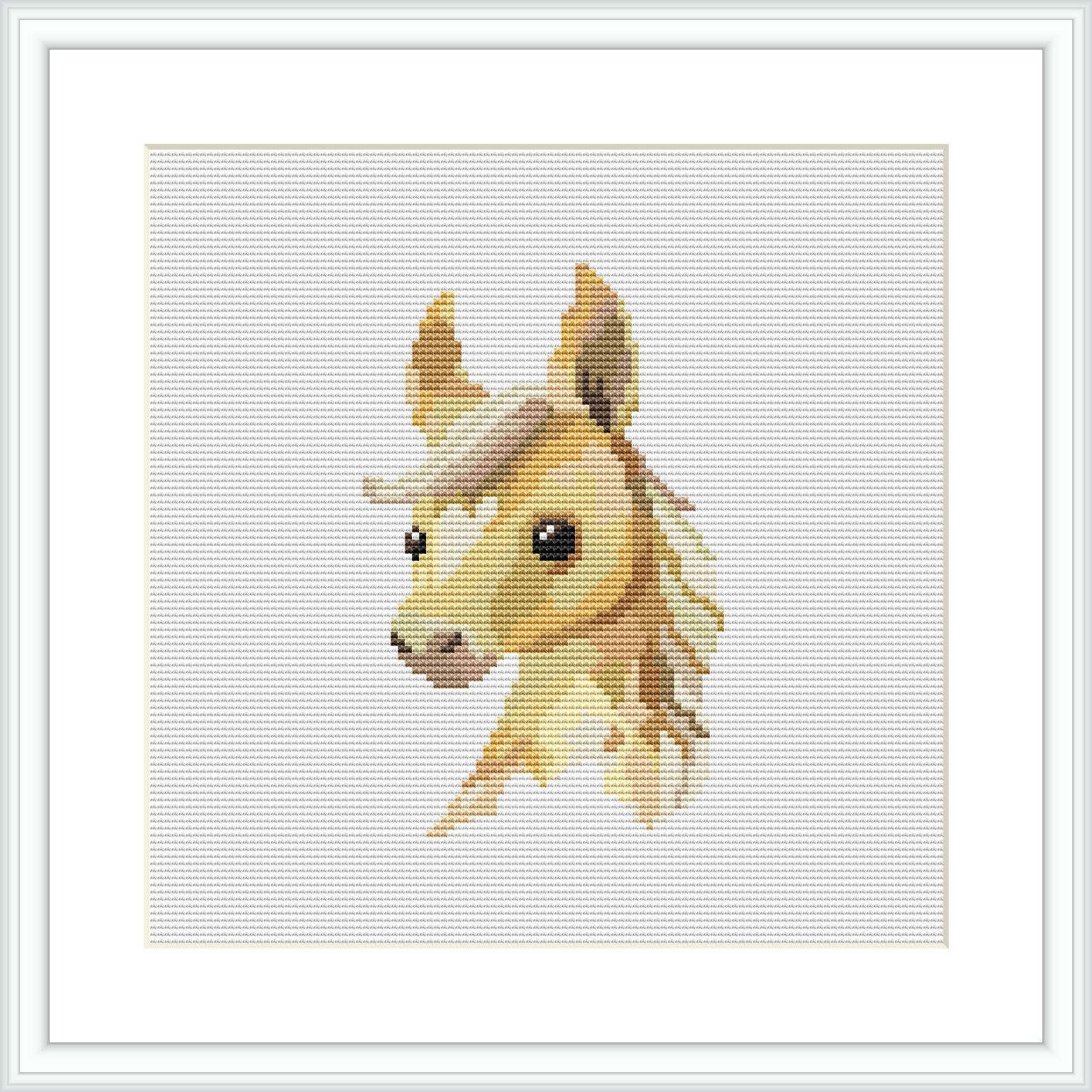 The image shows a cross stitch pattern of a horse's head and neck. The horse is facing the viewer, depicted in shades of brown and beige against a white background. The pattern is framed by a simple white border.