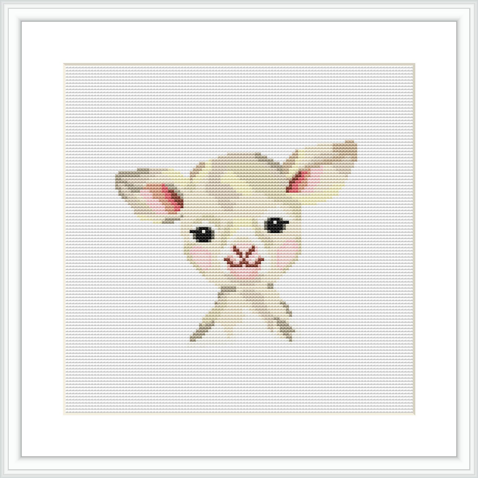 The image displays a framed cross stitch pattern of a young, adorable lamb against a plain white background.