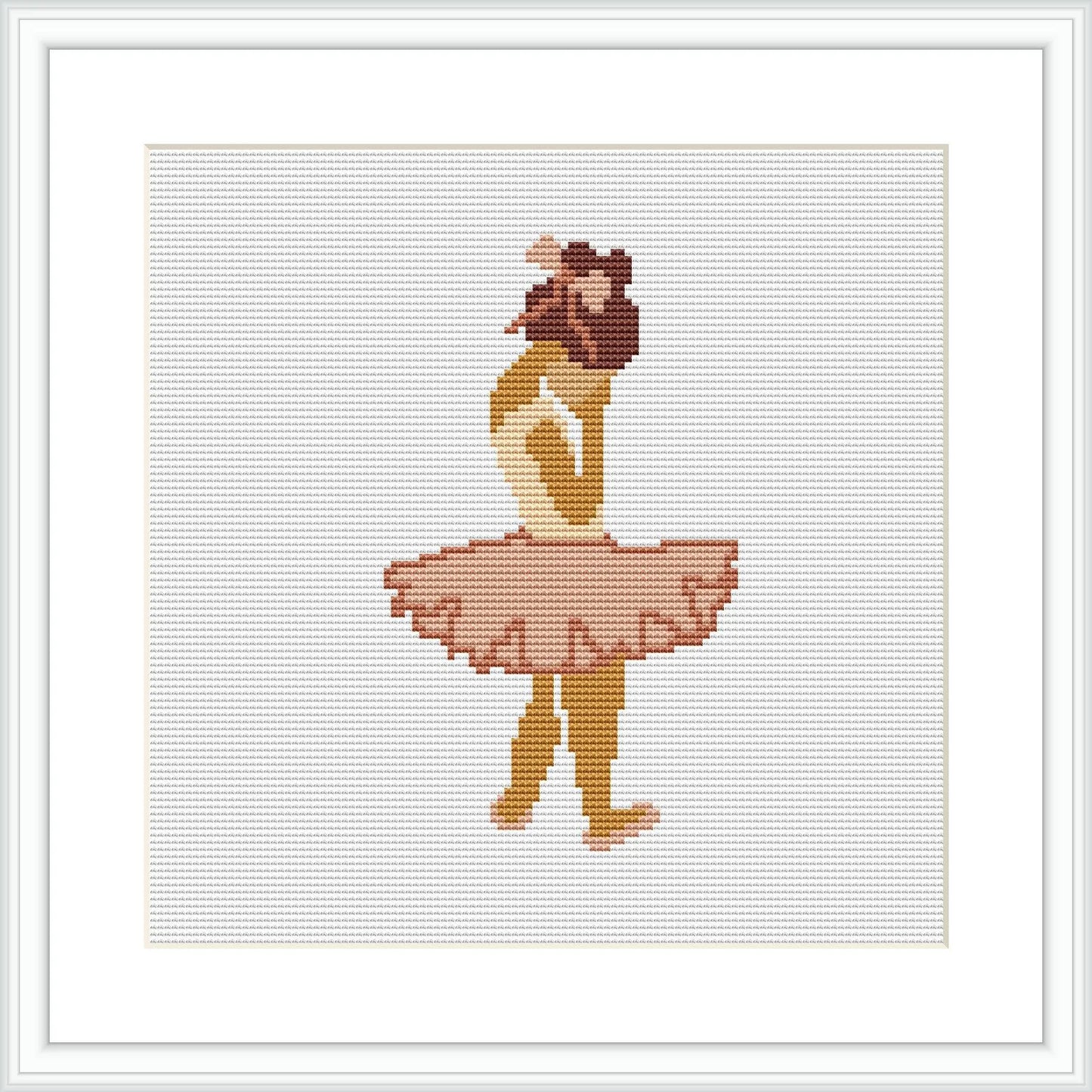 The image features a pixelated cross stitch pattern of a ballerina in mid-pirouette. She is adorned in a pastel pink tutu, with her arms elegantly positioned above her head. The figure is centered against a plain white background, highlighting the simplicity of the design.