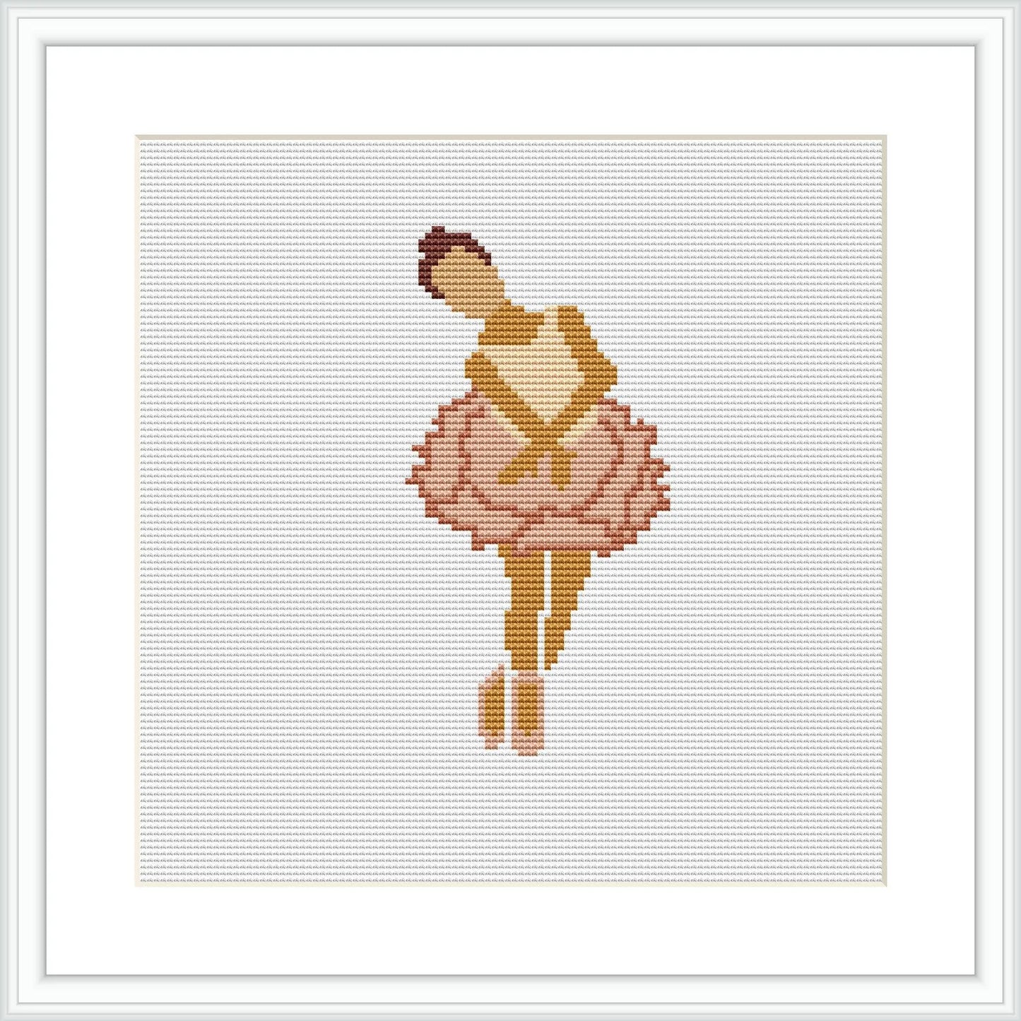 The image features a cross stitch pattern of a ballerina in a tutu captured mid-pirouette. The dancer is centered against a plain white background, bordered by a simulated frame.