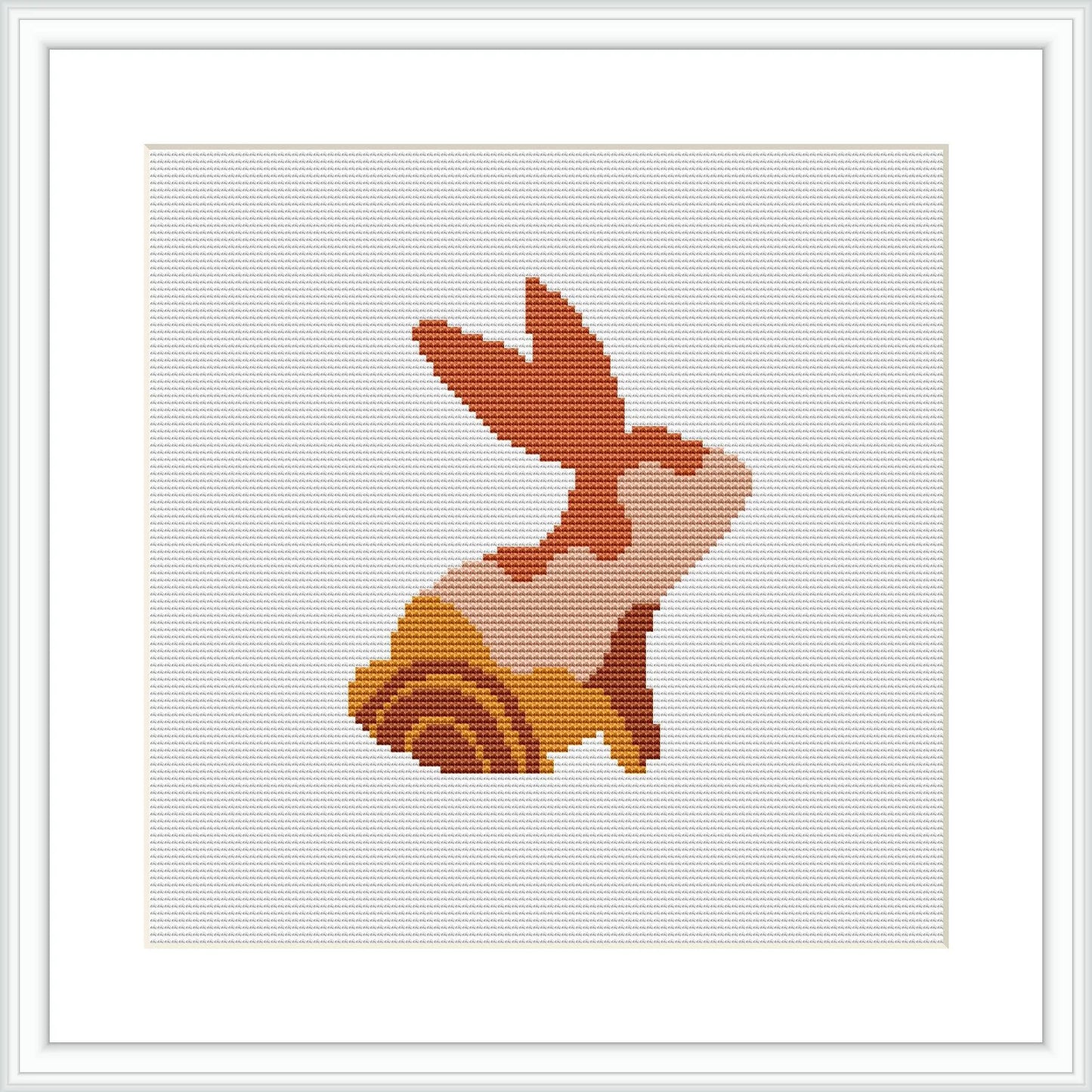 The cross stitch pattern depicts a stylized rabbit in profile with sections of various warm hues, framed within a white border on a square canvas.