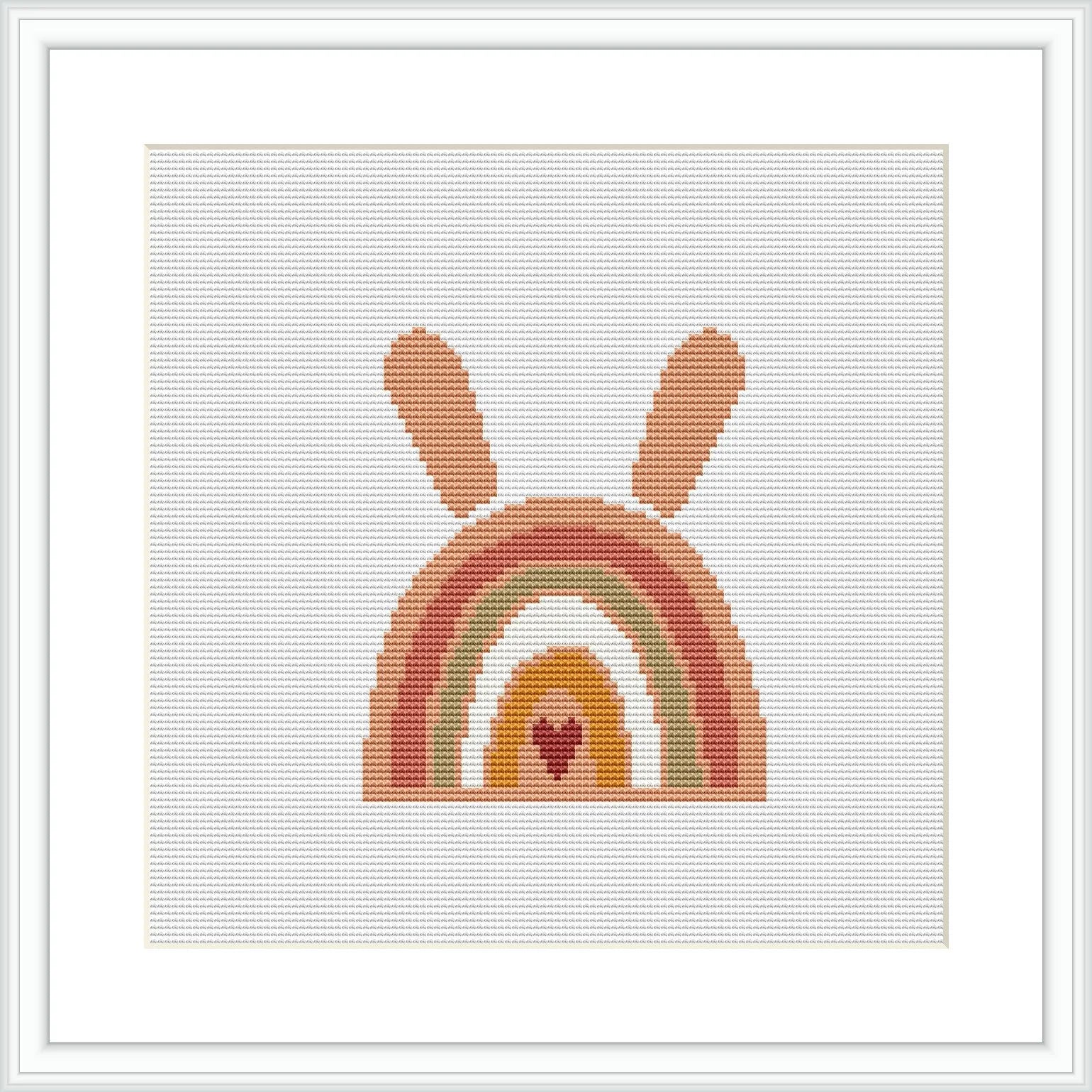 The image shows a framed cross stitch embroidery of a stylized bunny head silhouette with its ears extending upwards. The silhouette is patterned with rainbow stripes in earthy tones, set against a white background within the frame.