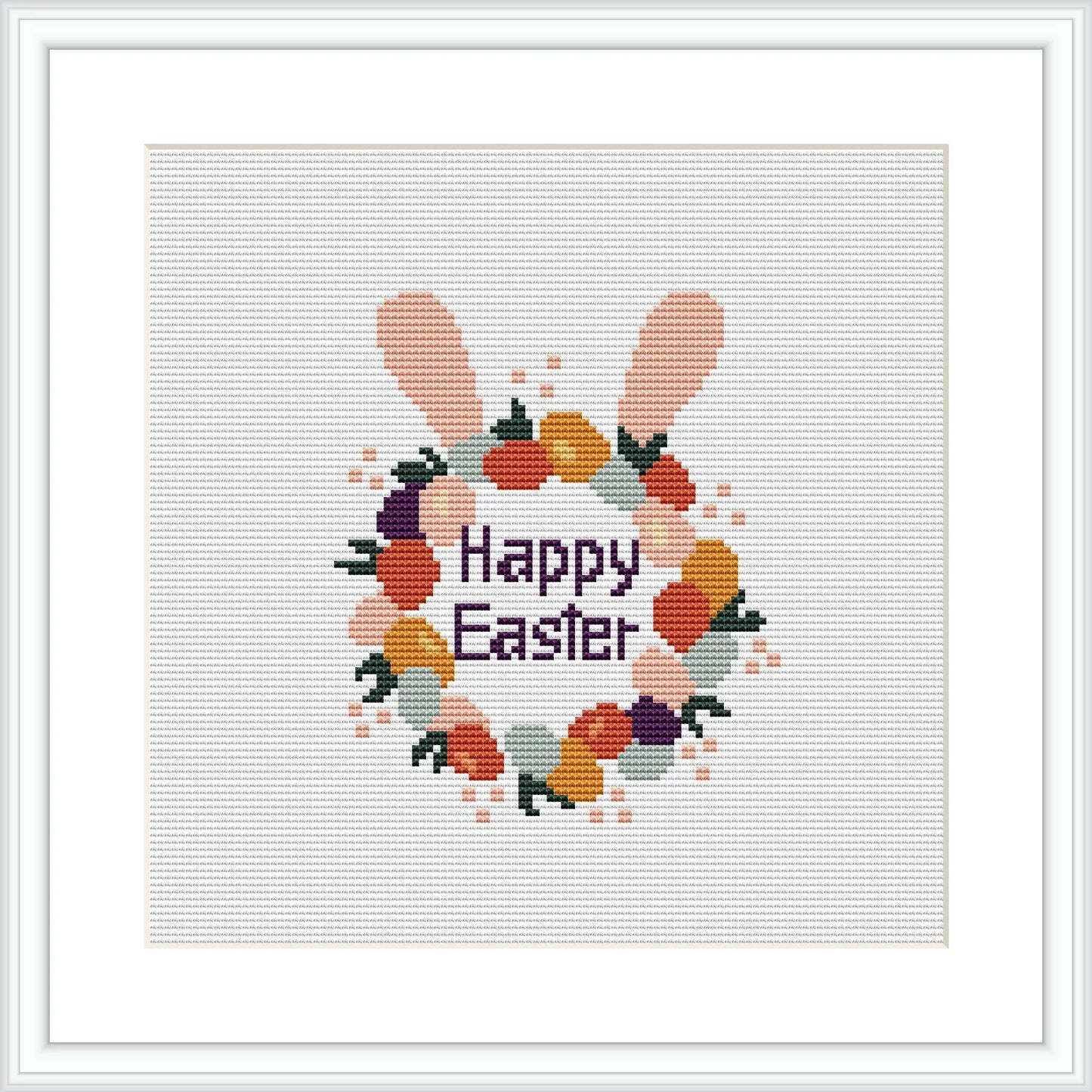 This cross stitch pattern illustrates a modern Easter wreath comprised of variously colored eggs interspersed with flowers. In the center, the text 'Happy Easter' is prominently displayed. The pattern is framed within a white border, giving it a clean and finished look.