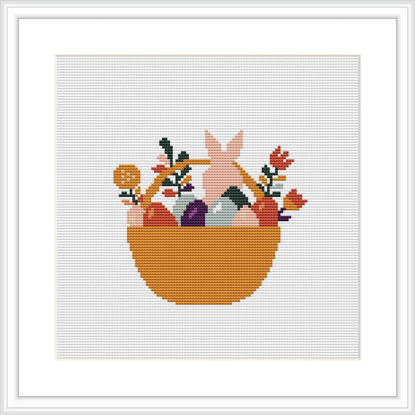 A completed cross stitch pattern displaying a pink bunny partially concealed behind a basket filled with colorful Easter eggs and adorned with various flowers.