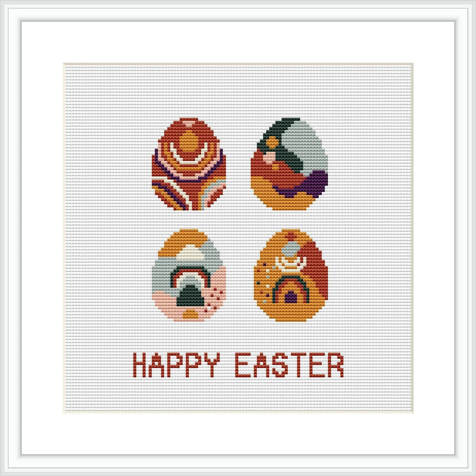 The image shows a framed cross stitch pattern with four decorated Easter eggs and the phrase 'Happy Easter' at the bottom, all stitched on a white fabric background.