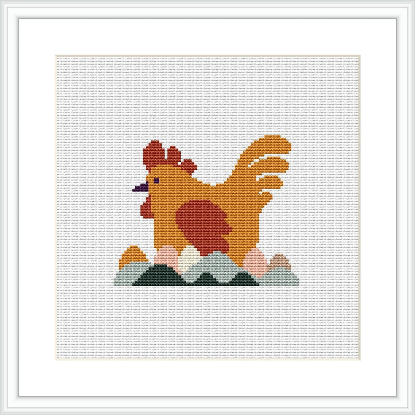 A cross stitch pattern depicting a stylized hen in shades of red and brown proudly standing on a mound of Easter eggs that feature a palette of green, gold, and cream. The design is centered within a square frame on a white background.