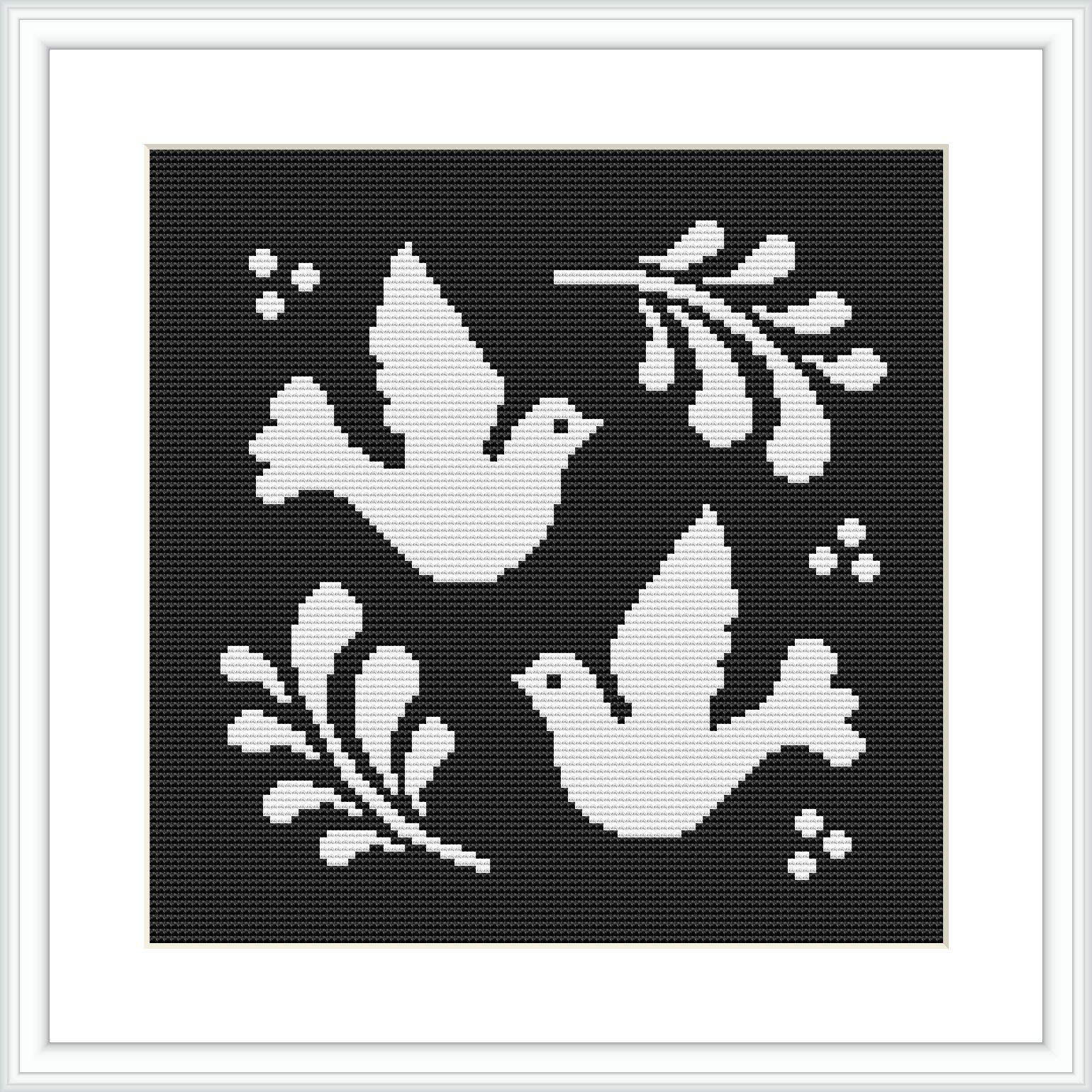 The image shows a black and white cross stitch pattern featuring two white doves facing opposite directions. Each dove is accompanied by an olive branch, set against a black background. White border frames the simple yet elegant design.