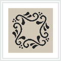 The image shows a square cross stitch pattern with a black floral frame design on a beige canvas, which is framed with a white border. The design is centered and symmetrical, featuring swirling floral elements and dots around an empty central space.