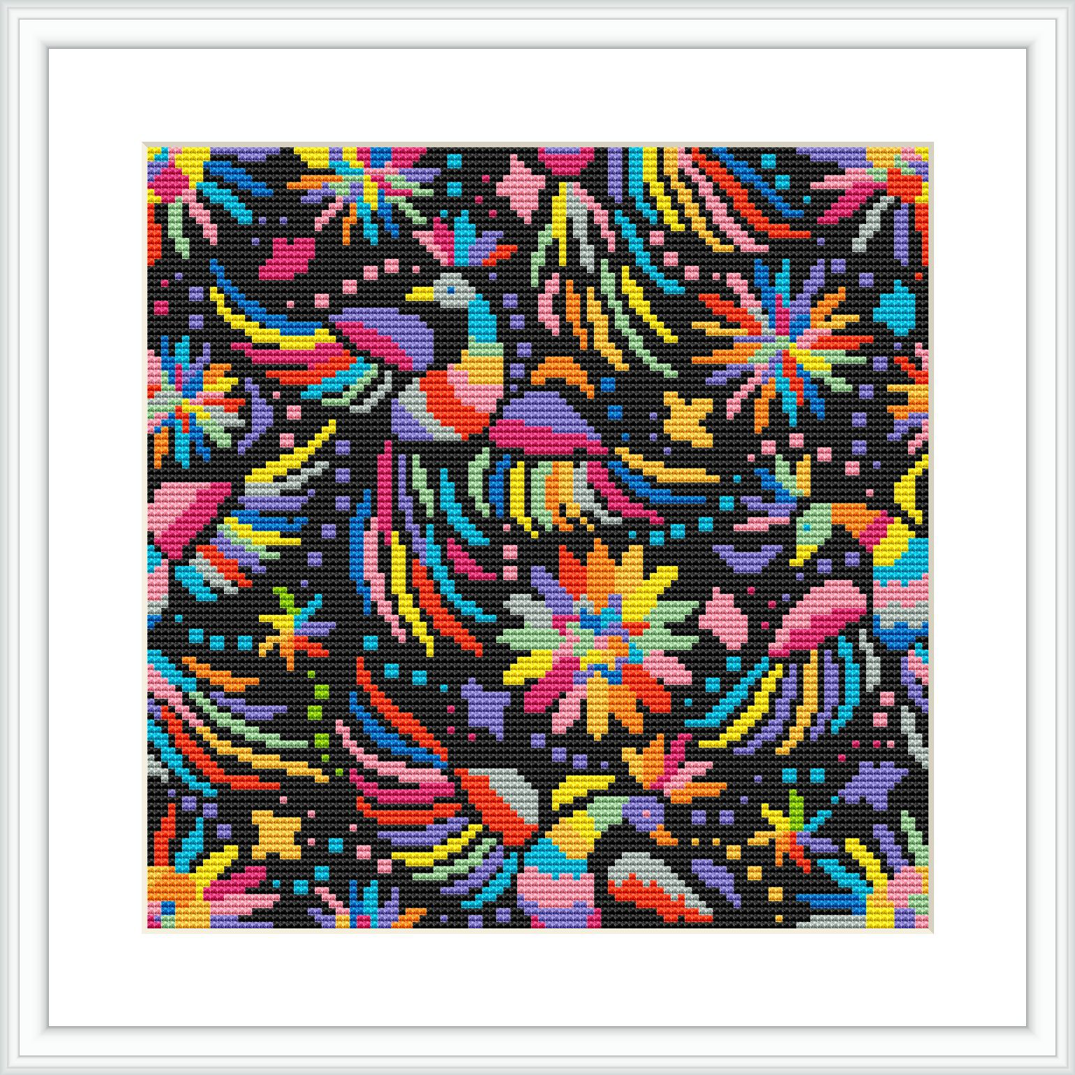 The image shows a cross stitch pattern featuring a variety of stylized birds amidst floral elements. The birds and flowers are rendered in bright, contrasting colors against a dark backdrop. This pattern is framed within a simple white frame and appears to be a finished cross stitch piece.