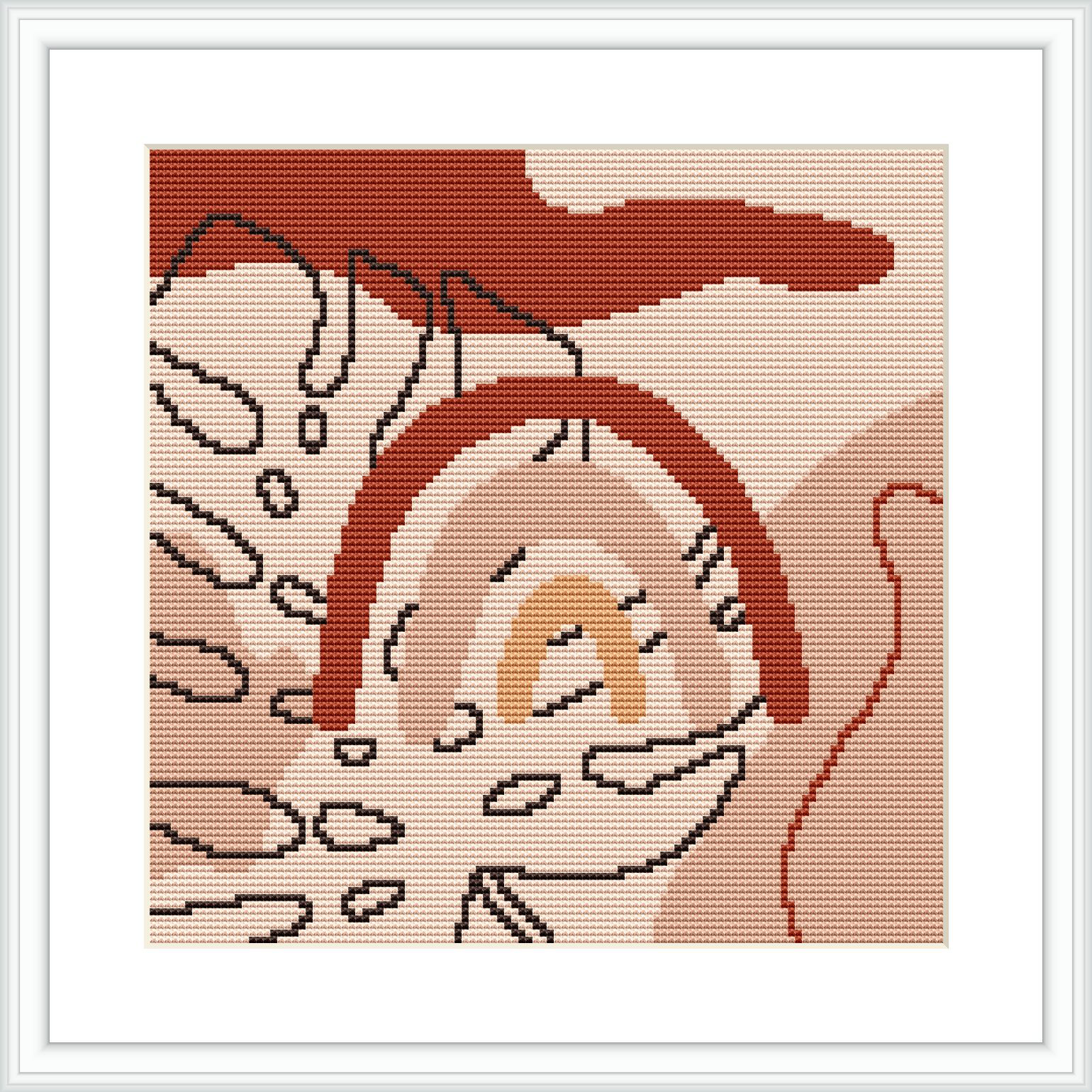 The image depicts a framed cross stitch pattern. The design features an abstract interpretation of a rainbow with geometric shapes in earth tones on a light beige background.