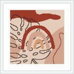 The image depicts a framed cross stitch pattern. The design features an abstract interpretation of a rainbow with geometric shapes in earth tones on a light beige background.