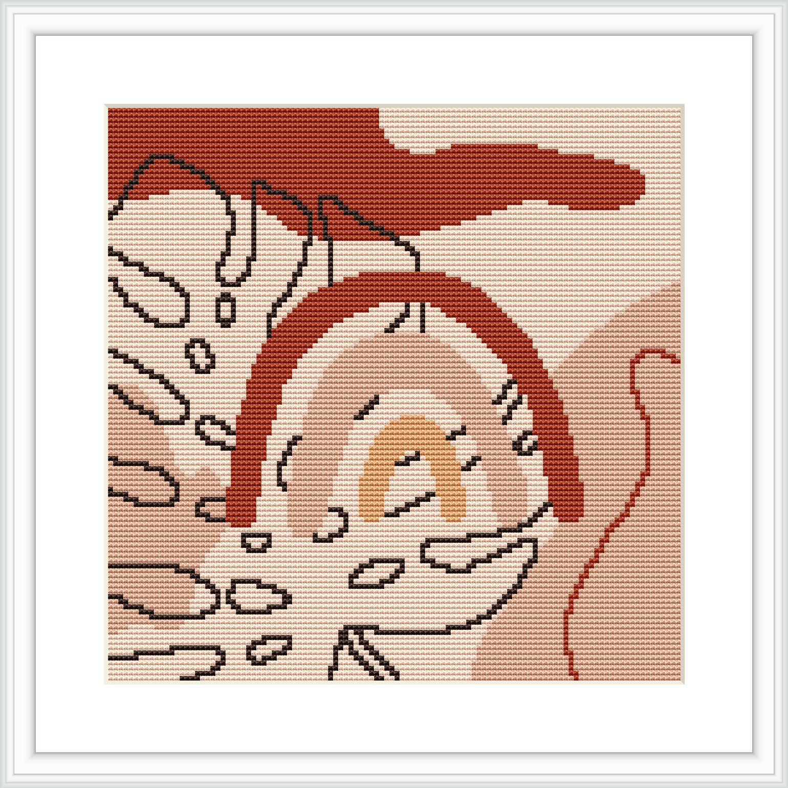 The image depicts a framed cross stitch pattern. The design features an abstract interpretation of a rainbow with geometric shapes in earth tones on a light beige background.