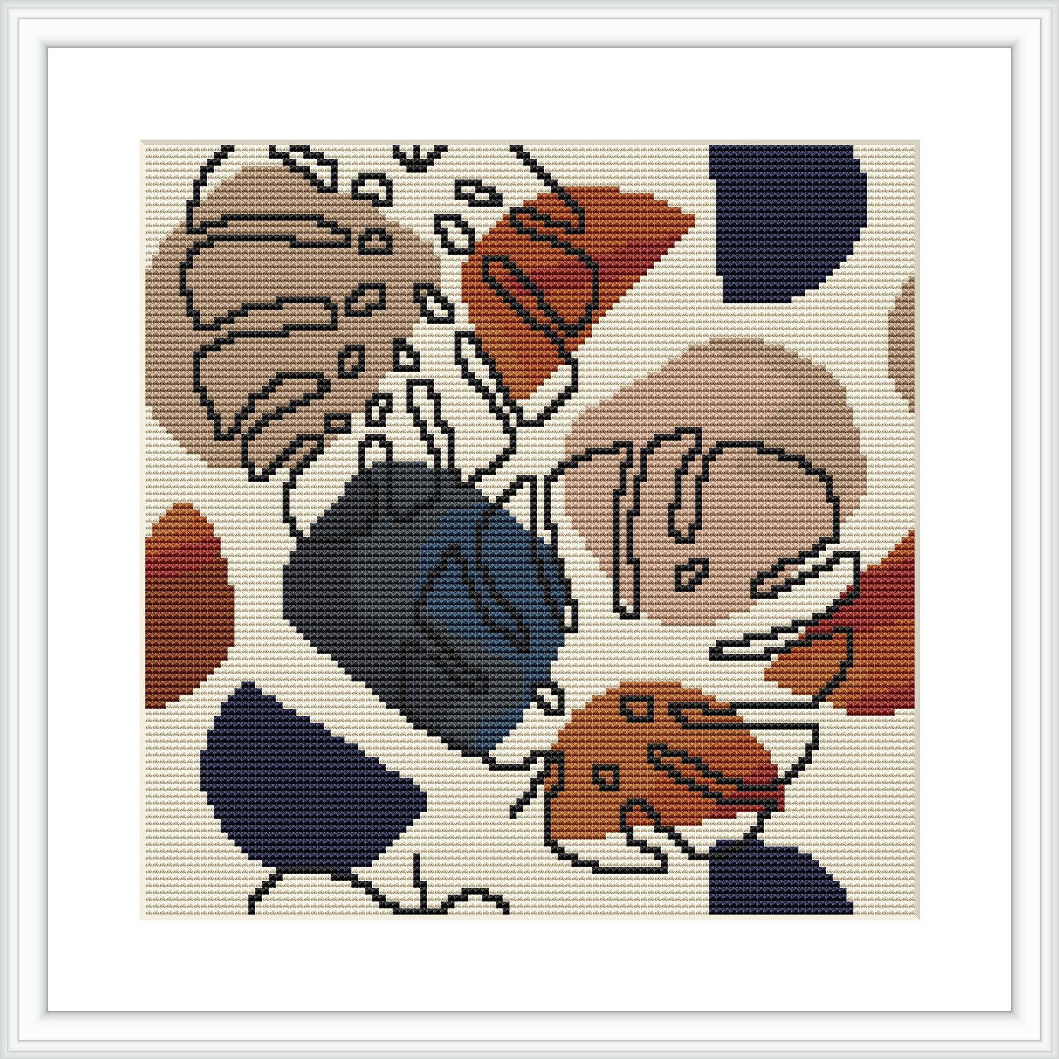 The image showcases a framed cross stitch pattern featuring abstract shapes and monstera leaves in a nature-inspired palette. The design is stitched on a neutral fabric and framed in a simple white frame.