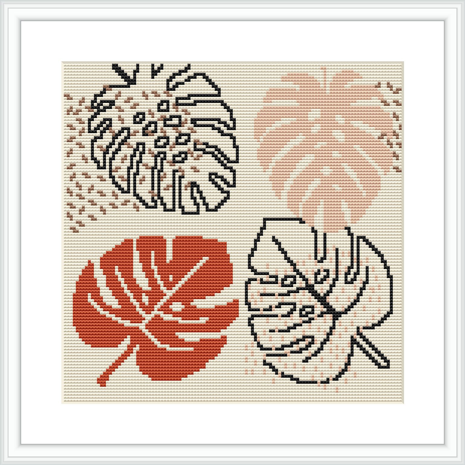 The image shows a framed cross stitch pattern consisting of a series of monstera leaves in a terracotta and beige color scheme. There are four monstera leaves, each occupying a quarter of the canvas, presented against an off-white background.
