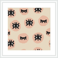 A cross stitch pattern showcasing a series of stylized eyes with various expressions displayed in a repetitive and grid-like arrangement within an 8 by 8 inch square.