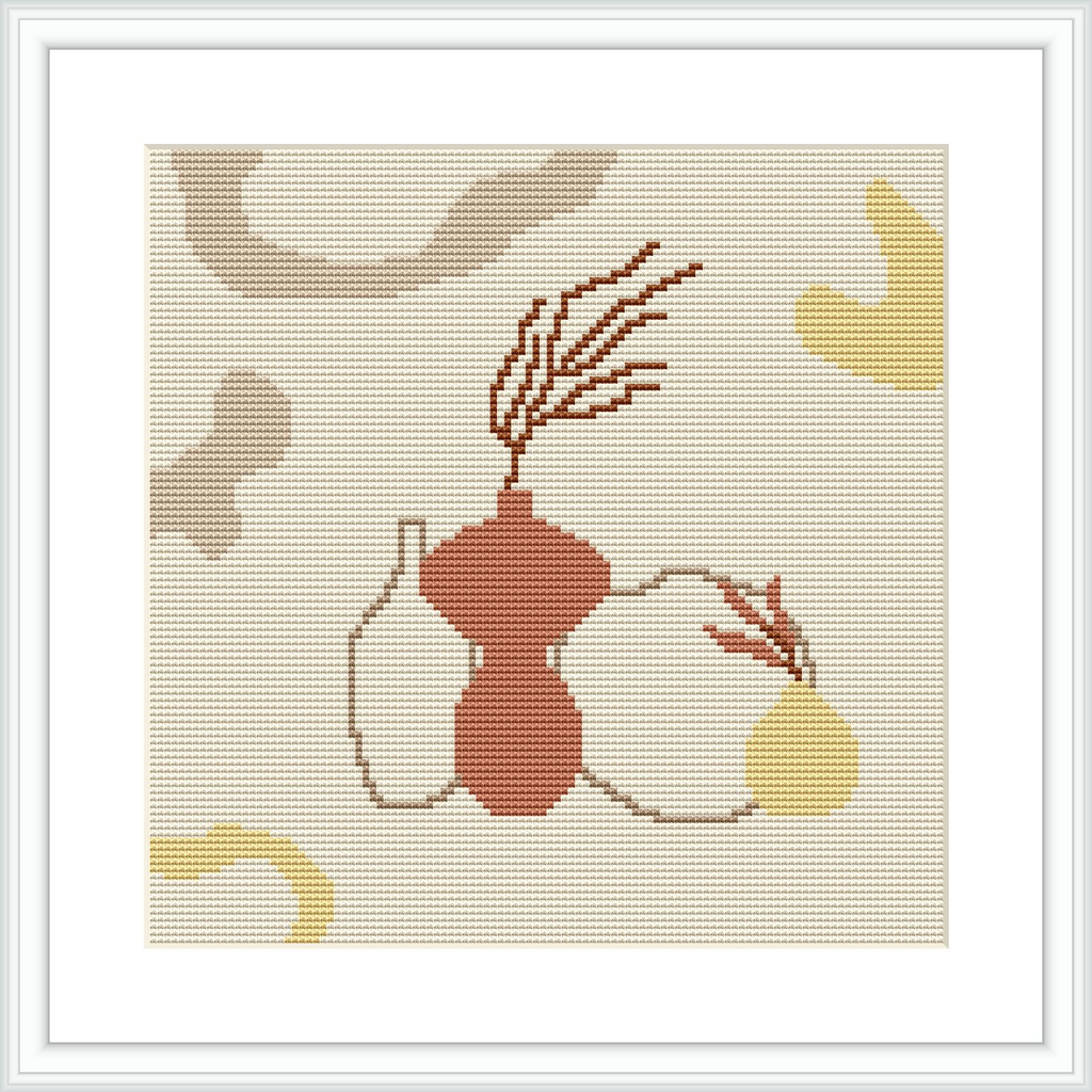 The image depicts a cross stitch pattern of three vases of varying shapes and sizes, positioned centrally on a beige background with abstract shapes in muted tones around them.