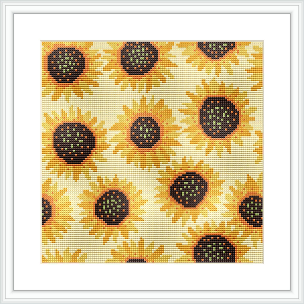 The image displays a cross-stitch pattern featuring a repeating motif of sunflowers on a beige background. Each sunflower has a rich brown center with layers of yellow petals extending outwards. The flowers are arranged in a tight pattern, filling the entire frame.