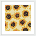 The image displays a cross-stitch pattern featuring a repeating motif of sunflowers on a beige background. Each sunflower has a rich brown center with layers of yellow petals extending outwards. The flowers are arranged in a tight pattern, filling the entire frame.