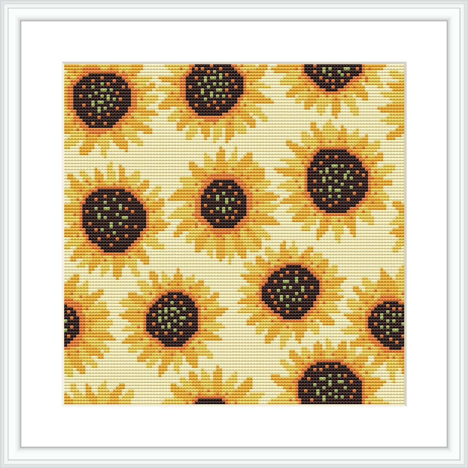 The image displays a cross-stitch pattern featuring a repeating motif of sunflowers on a beige background. Each sunflower has a rich brown center with layers of yellow petals extending outwards. The flowers are arranged in a tight pattern, filling the entire frame.