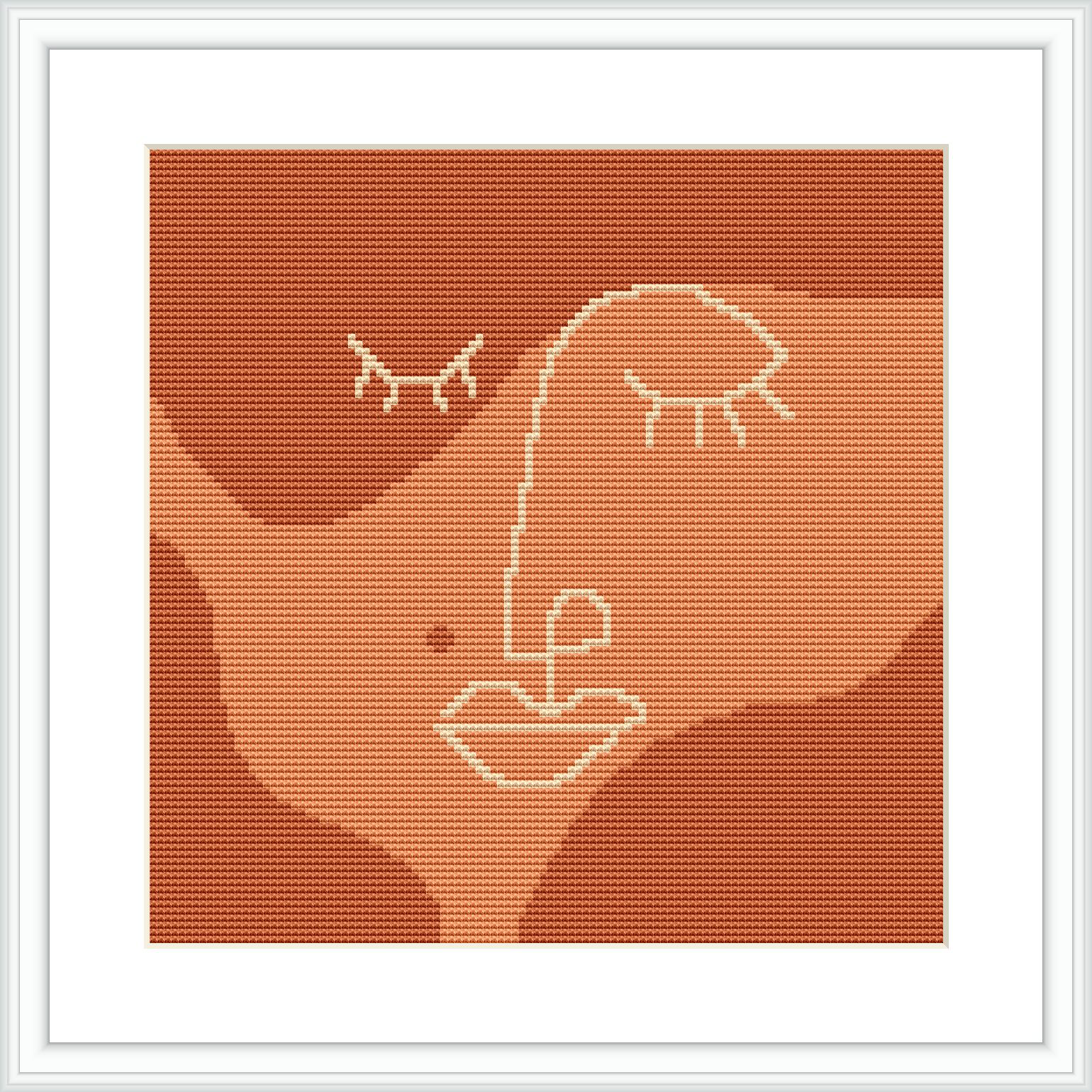 The image depicts a minimalist line art representation of a face positioned centrally against a solid terra background. The pattern is framed within a white border and appears to be ready for display.