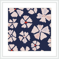 The image displays a framed cross stitch pattern with a design of pink flowers on a dark blue background. Each flower features a central orange accent and is surrounded by smaller white and cream details.