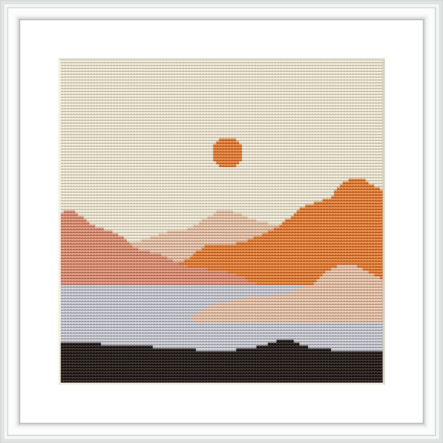 The image depicts a stylized landscape with a central sun hovering above mountain silhouettes and a foreground lake, all represented through color-blocked gradients transitioning from dark at the bottom to light at the top.