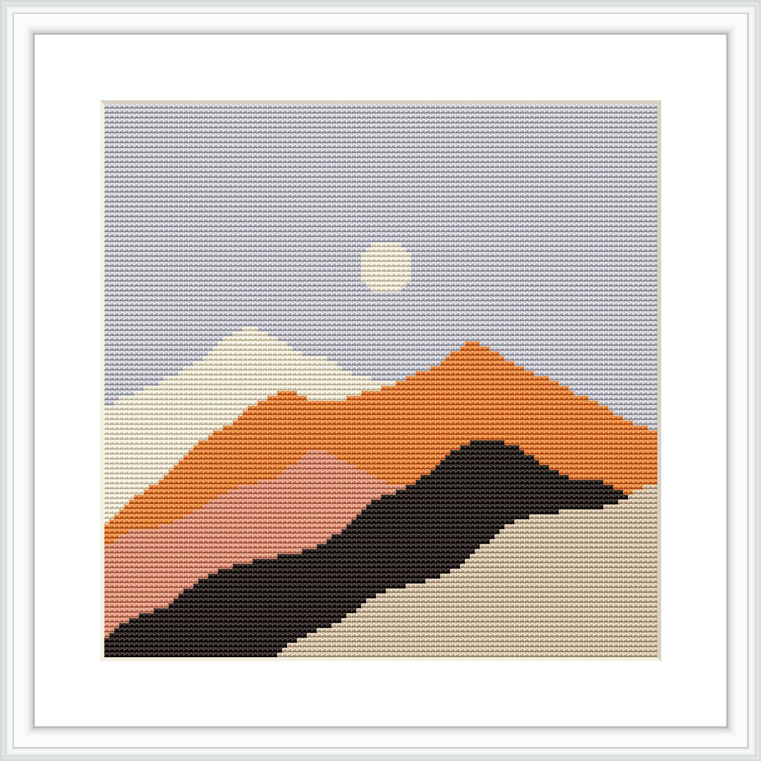 The image displays a simplified representation of a landscape featuring mountains of various colors under a light blue sky with a central sun.