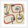 The image displays a cross stitch pattern featuring abstract representations of facial features, such as eyes and lips, set within irregular rectangle shapes. The colors are muted with a primarily cream background.
