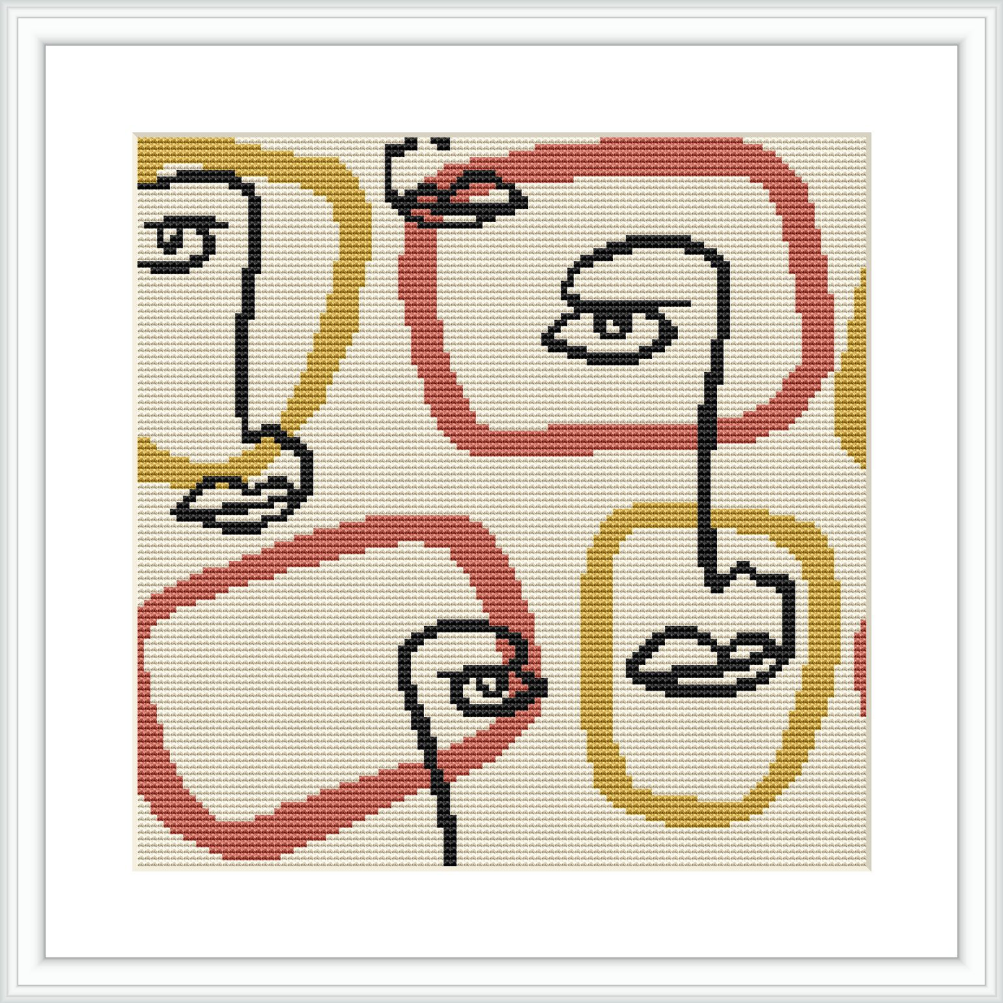 The image displays a cross stitch pattern featuring abstract representations of facial features, such as eyes and lips, set within irregular rectangle shapes. The colors are muted with a primarily cream background.