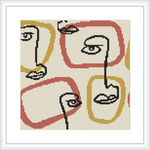 The image displays a cross stitch pattern featuring abstract representations of facial features, such as eyes and lips, set within irregular rectangle shapes. The colors are muted with a primarily cream background.