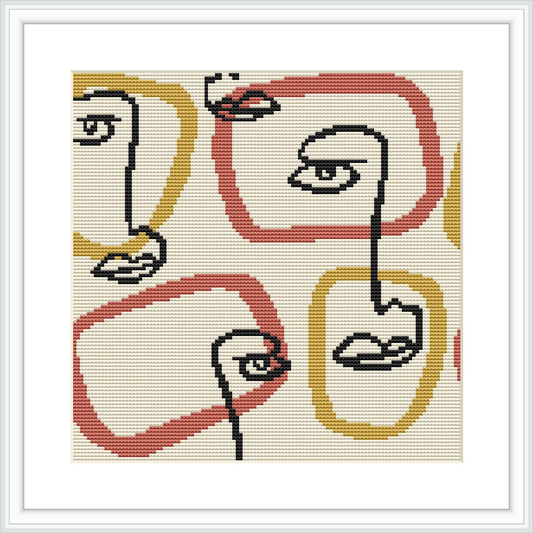 The image displays a cross stitch pattern featuring abstract representations of facial features, such as eyes and lips, set within irregular rectangle shapes. The colors are muted with a primarily cream background.